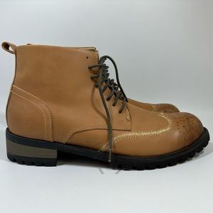 Herilios Men’s Tan Leather Contrast Stitch Combat Lug Wingtip Boots 42 8.5